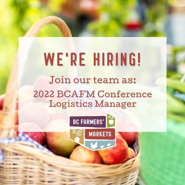 Join the BCAFM Team! 🙌

We are excited to announce that we are hiring for a BCAFM Conference Logistics Manager. Click the link in our bio for more information on this role or to apply.

Please share this job posting with your social networks ☺️

The deadline to apply is on Tuesday June 28, 2022, at NOON

#bcfarmersmarket #bc #bcfarmersmarkettrail #bcfarming #britishcolumbia #hiring #jobsearch