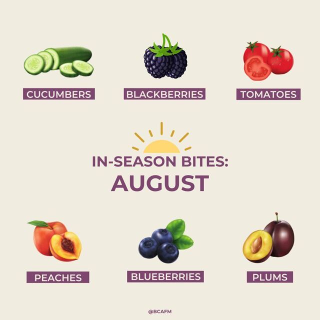 IN-SEASON BITES: AUGUST 🍑

Happy August! Here are some in-season produce around BC right now. Check out the bcfarmersmarkettrail.com (link in the bio) to find a farmers' market near you!

#BCfarmersmarket #BC #BritishColumbia #farmersmarket #BCFarmersMarketTrail #BCgrown #FarmersMarkets #BCfarm #BCagriculture #ExploreBC #LoveMyMarket #WhyFarmersMarkets #ShopLocal #BCProduce